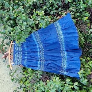 Blue Denim Distressed Boho Dress Skirt White and Blue Embroidered Accents